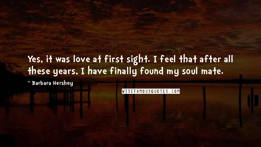 Barbara Hershey Quotes: Yes, it was love at first sight. I feel that after all these years, I have finally found my soul mate.