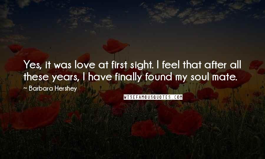 Barbara Hershey Quotes: Yes, it was love at first sight. I feel that after all these years, I have finally found my soul mate.