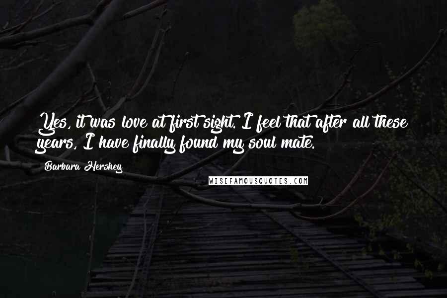 Barbara Hershey Quotes: Yes, it was love at first sight. I feel that after all these years, I have finally found my soul mate.