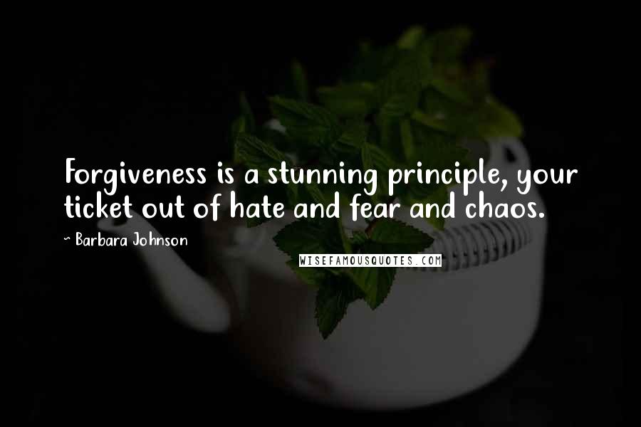 Barbara Johnson Quotes: Forgiveness is a stunning principle, your ticket out of hate and fear and chaos.