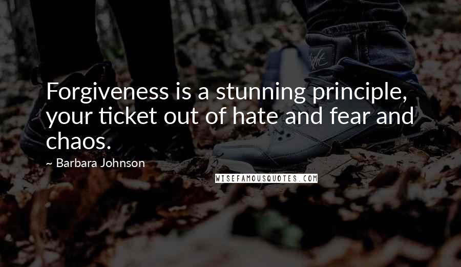 Barbara Johnson Quotes: Forgiveness is a stunning principle, your ticket out of hate and fear and chaos.