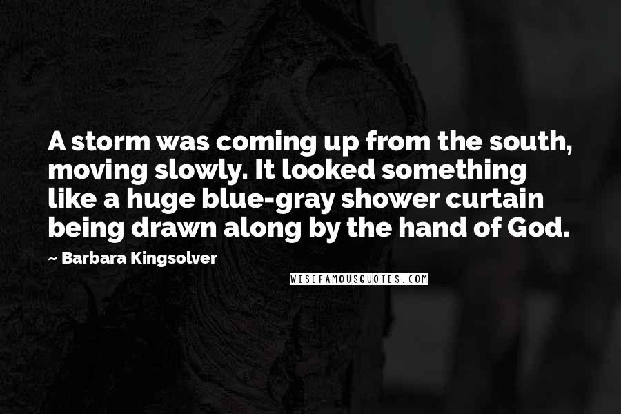 Barbara Kingsolver Quotes: A storm was coming up from the south, moving slowly. It looked something like a huge blue-gray shower curtain being drawn along by the hand of God.