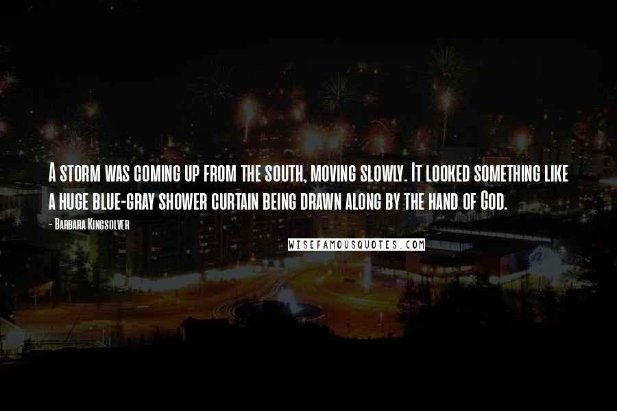 Barbara Kingsolver Quotes: A storm was coming up from the south, moving slowly. It looked something like a huge blue-gray shower curtain being drawn along by the hand of God.