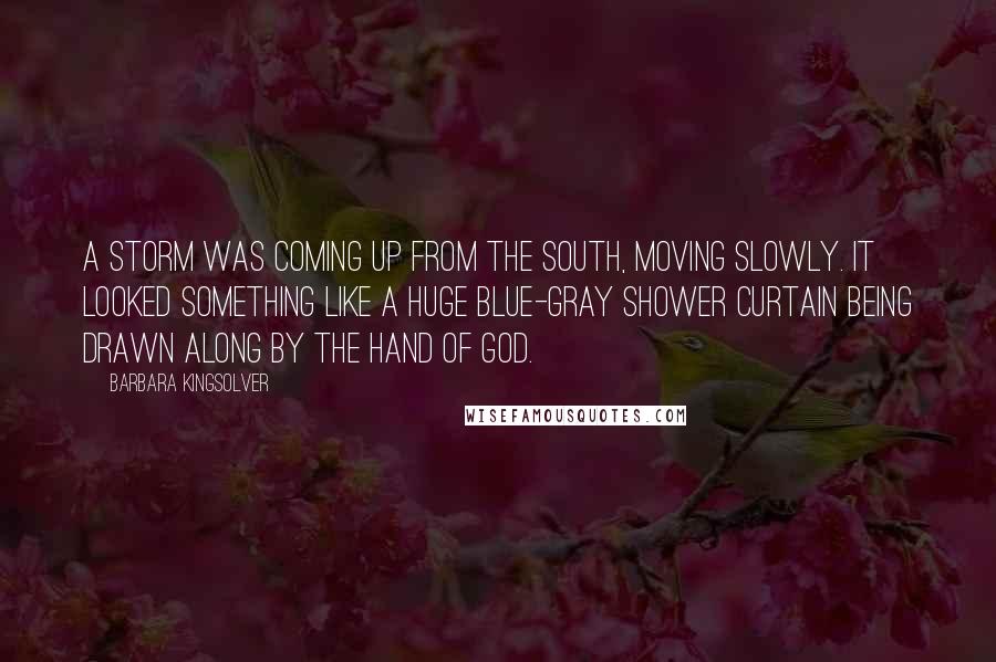 Barbara Kingsolver Quotes: A storm was coming up from the south, moving slowly. It looked something like a huge blue-gray shower curtain being drawn along by the hand of God.