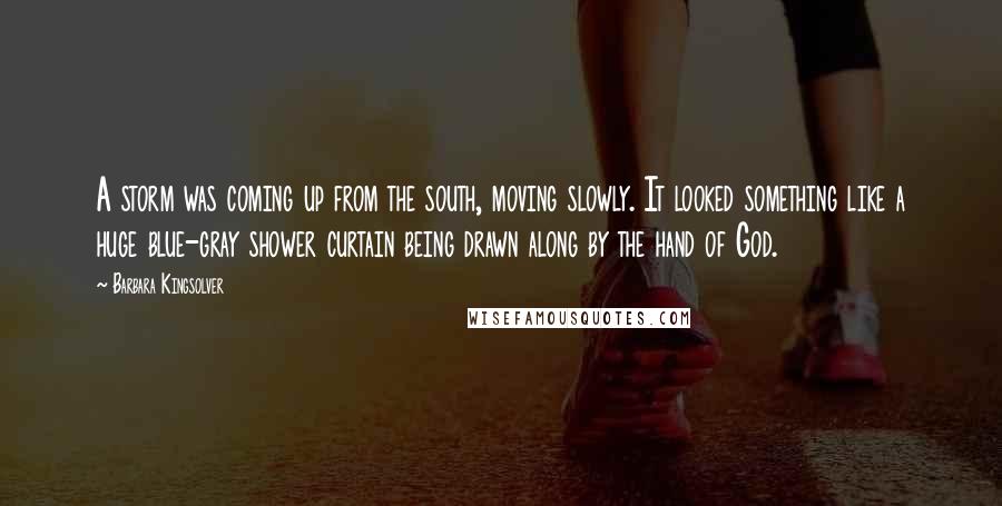 Barbara Kingsolver Quotes: A storm was coming up from the south, moving slowly. It looked something like a huge blue-gray shower curtain being drawn along by the hand of God.