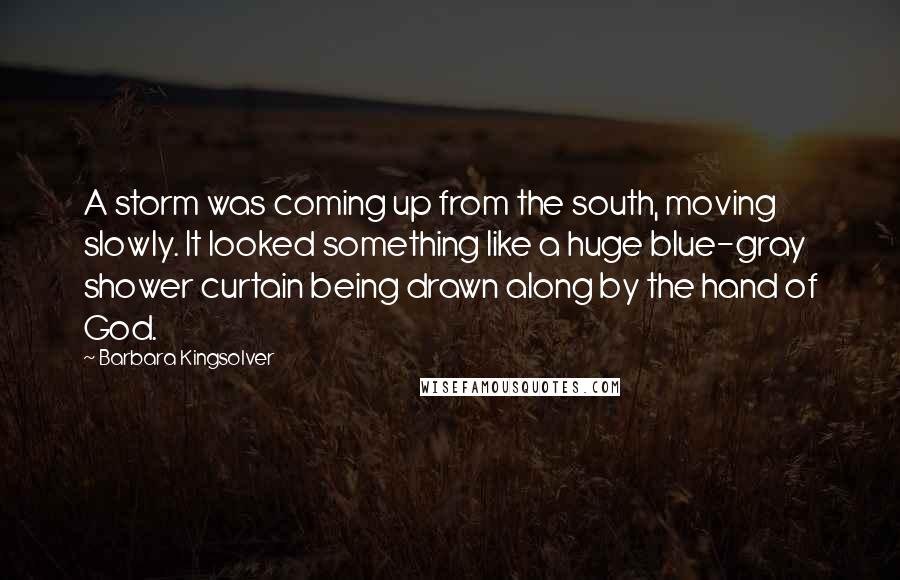 Barbara Kingsolver Quotes: A storm was coming up from the south, moving slowly. It looked something like a huge blue-gray shower curtain being drawn along by the hand of God.