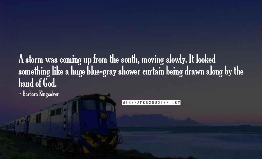 Barbara Kingsolver Quotes: A storm was coming up from the south, moving slowly. It looked something like a huge blue-gray shower curtain being drawn along by the hand of God.