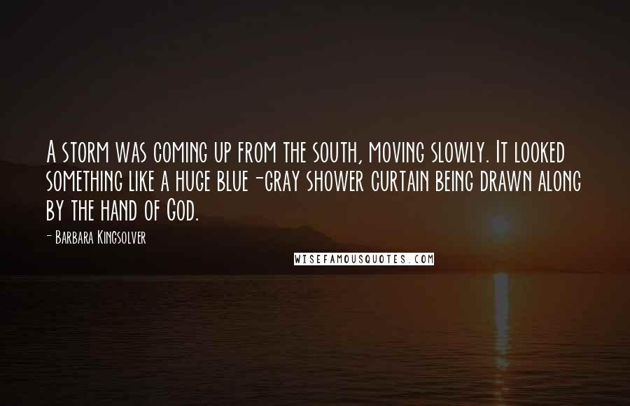 Barbara Kingsolver Quotes: A storm was coming up from the south, moving slowly. It looked something like a huge blue-gray shower curtain being drawn along by the hand of God.
