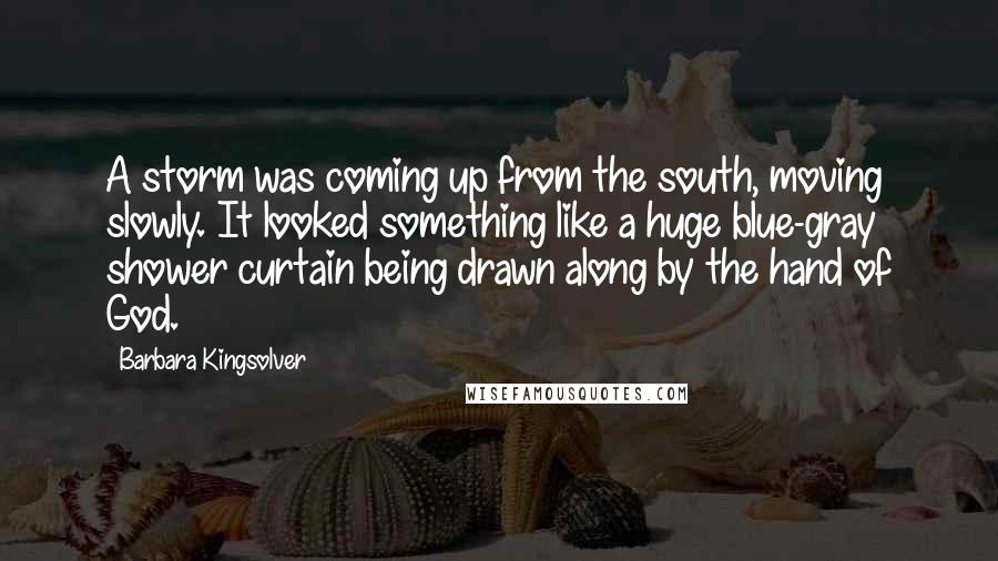 Barbara Kingsolver Quotes: A storm was coming up from the south, moving slowly. It looked something like a huge blue-gray shower curtain being drawn along by the hand of God.
