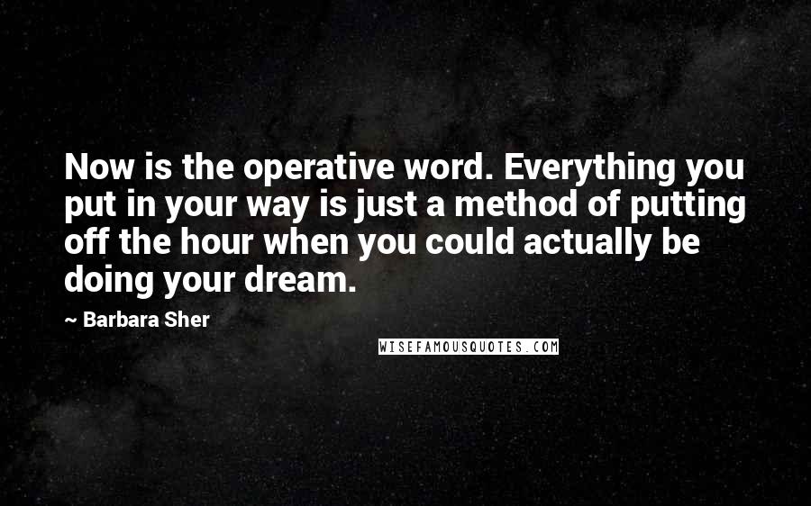 Barbara Sher Quotes: Now is the operative word. Everything you put in your way is just a method of putting off the hour when you could actually be doing your dream.