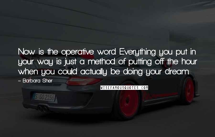 Barbara Sher Quotes: Now is the operative word. Everything you put in your way is just a method of putting off the hour when you could actually be doing your dream.