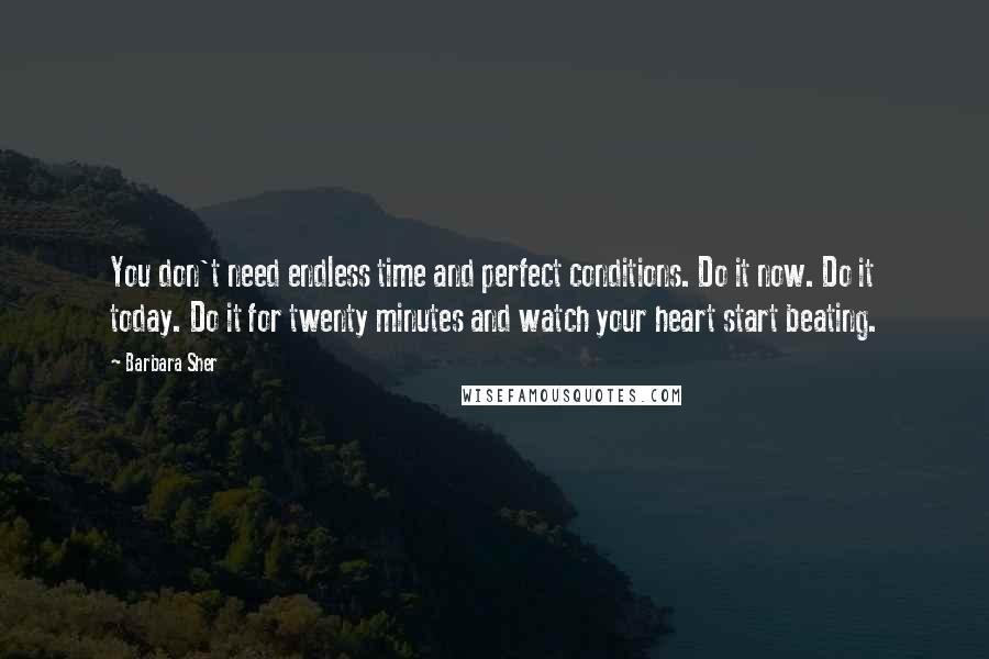 Barbara Sher Quotes: You don't need endless time and perfect conditions. Do it now. Do it today. Do it for twenty minutes and watch your heart start beating.