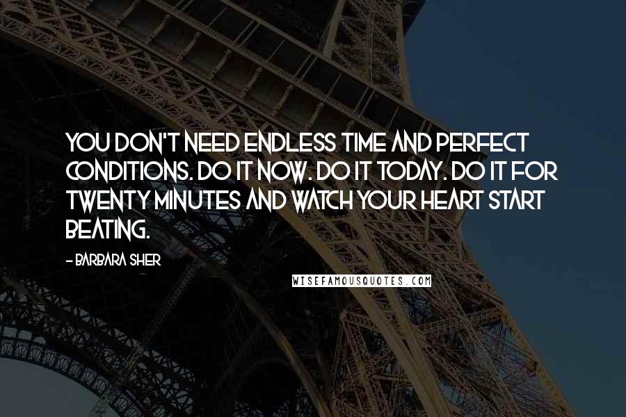 Barbara Sher Quotes: You don't need endless time and perfect conditions. Do it now. Do it today. Do it for twenty minutes and watch your heart start beating.