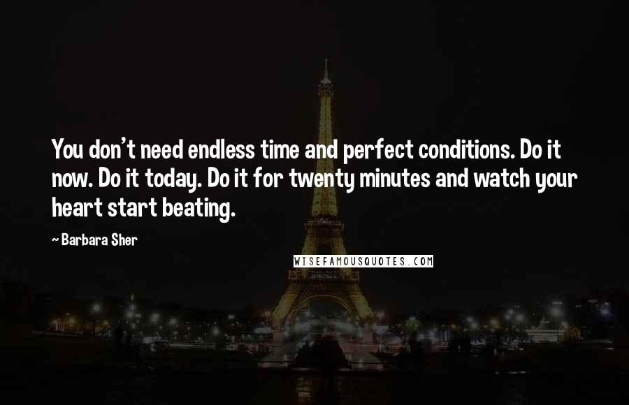 Barbara Sher Quotes: You don't need endless time and perfect conditions. Do it now. Do it today. Do it for twenty minutes and watch your heart start beating.