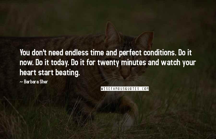 Barbara Sher Quotes: You don't need endless time and perfect conditions. Do it now. Do it today. Do it for twenty minutes and watch your heart start beating.