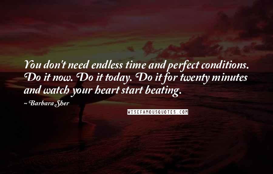 Barbara Sher Quotes: You don't need endless time and perfect conditions. Do it now. Do it today. Do it for twenty minutes and watch your heart start beating.