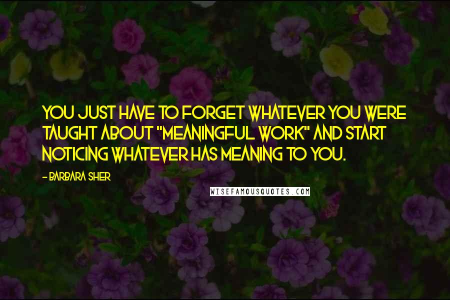 Barbara Sher Quotes: You just have to forget whatever you were taught about "meaningful work" and start noticing whatever has meaning to you.