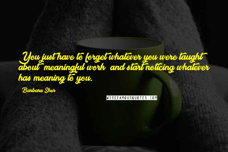 Barbara Sher Quotes: You just have to forget whatever you were taught about "meaningful work" and start noticing whatever has meaning to you.