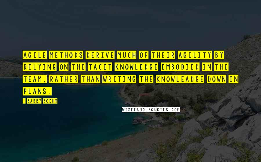 Barry Boehm Quotes: Agile methods derive much of their agility by relying on the tacit knowledge embodied in the team, rather than writing the knowleadge down in plans.