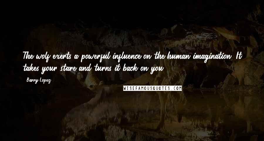 Barry Lopez Quotes: The wolf exerts a powerful influence on the human imagination. It takes your stare and turns it back on you
