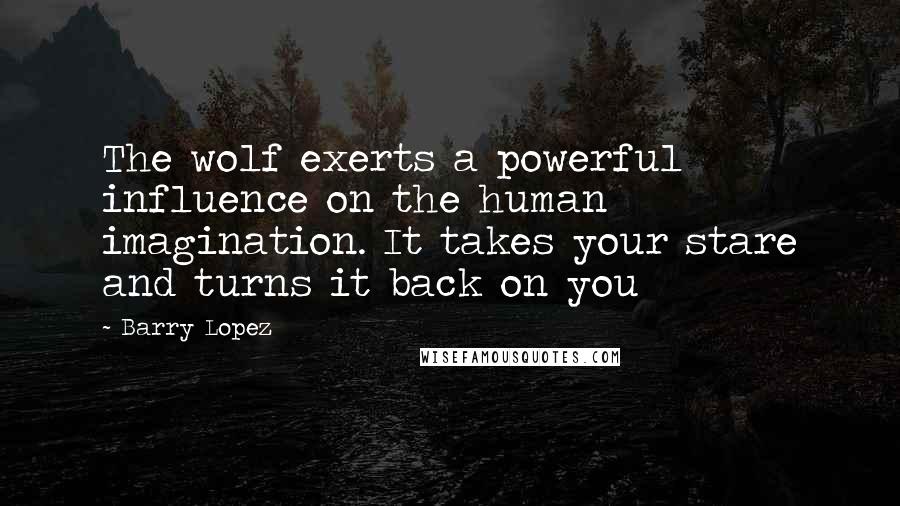 Barry Lopez Quotes: The wolf exerts a powerful influence on the human imagination. It takes your stare and turns it back on you