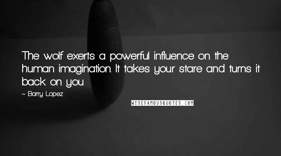 Barry Lopez Quotes: The wolf exerts a powerful influence on the human imagination. It takes your stare and turns it back on you