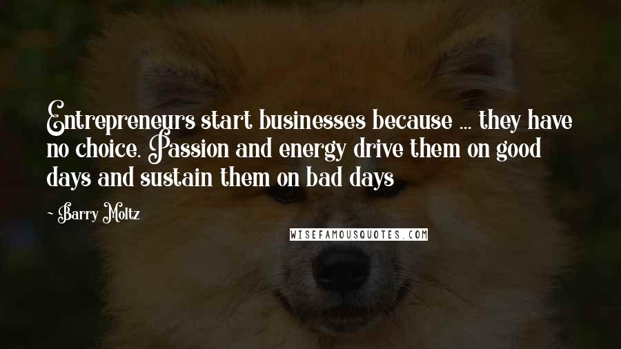 Barry Moltz Quotes: Entrepreneurs start businesses because ... they have no choice. Passion and energy drive them on good days and sustain them on bad days