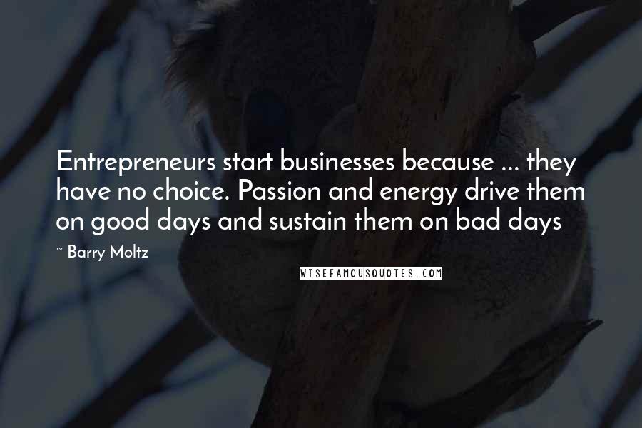 Barry Moltz Quotes: Entrepreneurs start businesses because ... they have no choice. Passion and energy drive them on good days and sustain them on bad days