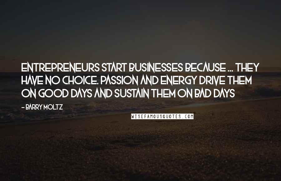 Barry Moltz Quotes: Entrepreneurs start businesses because ... they have no choice. Passion and energy drive them on good days and sustain them on bad days