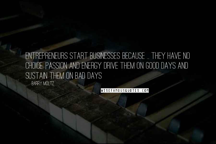 Barry Moltz Quotes: Entrepreneurs start businesses because ... they have no choice. Passion and energy drive them on good days and sustain them on bad days