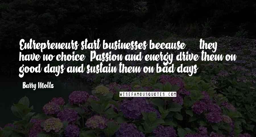 Barry Moltz Quotes: Entrepreneurs start businesses because ... they have no choice. Passion and energy drive them on good days and sustain them on bad days