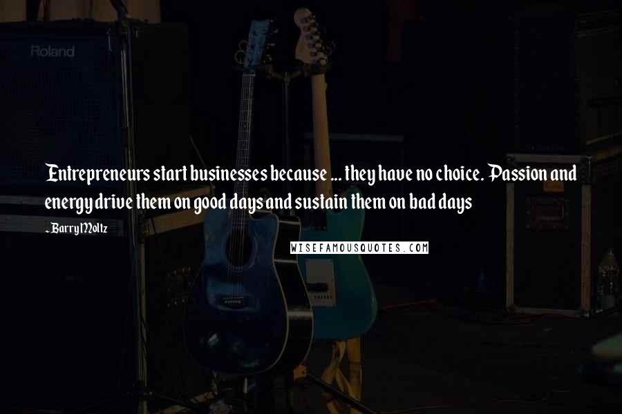 Barry Moltz Quotes: Entrepreneurs start businesses because ... they have no choice. Passion and energy drive them on good days and sustain them on bad days