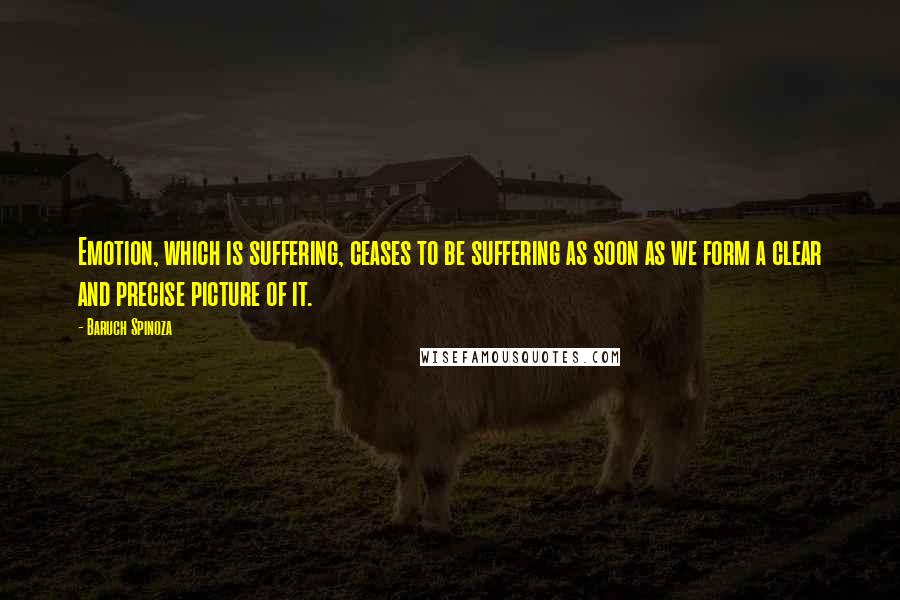 Baruch Spinoza Quotes: Emotion, which is suffering, ceases to be suffering as soon as we form a clear and precise picture of it.