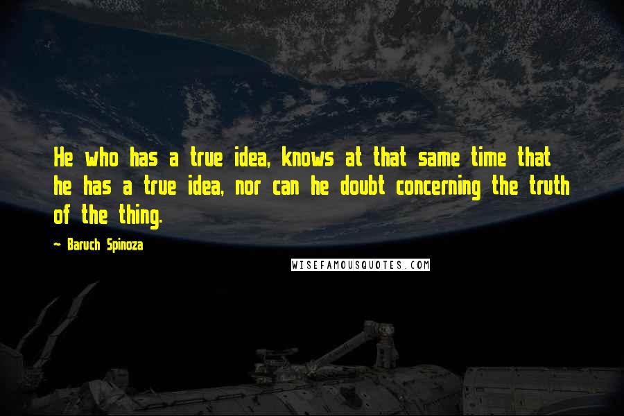 Baruch Spinoza Quotes: He who has a true idea, knows at that same time that he has a true idea, nor can he doubt concerning the truth of the thing.