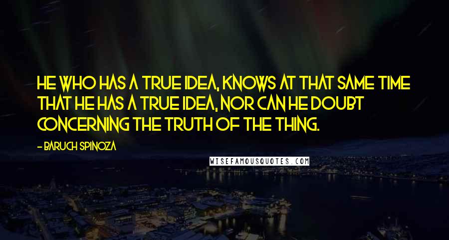 Baruch Spinoza Quotes: He who has a true idea, knows at that same time that he has a true idea, nor can he doubt concerning the truth of the thing.