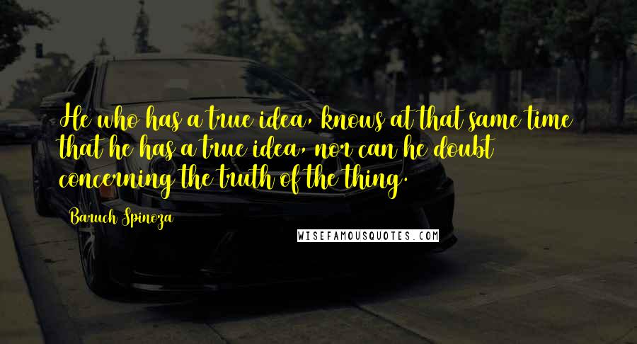 Baruch Spinoza Quotes: He who has a true idea, knows at that same time that he has a true idea, nor can he doubt concerning the truth of the thing.