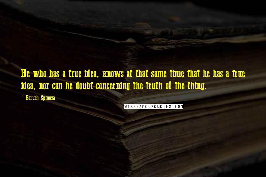 Baruch Spinoza Quotes: He who has a true idea, knows at that same time that he has a true idea, nor can he doubt concerning the truth of the thing.