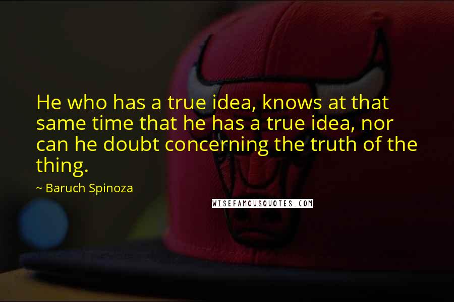 Baruch Spinoza Quotes: He who has a true idea, knows at that same time that he has a true idea, nor can he doubt concerning the truth of the thing.