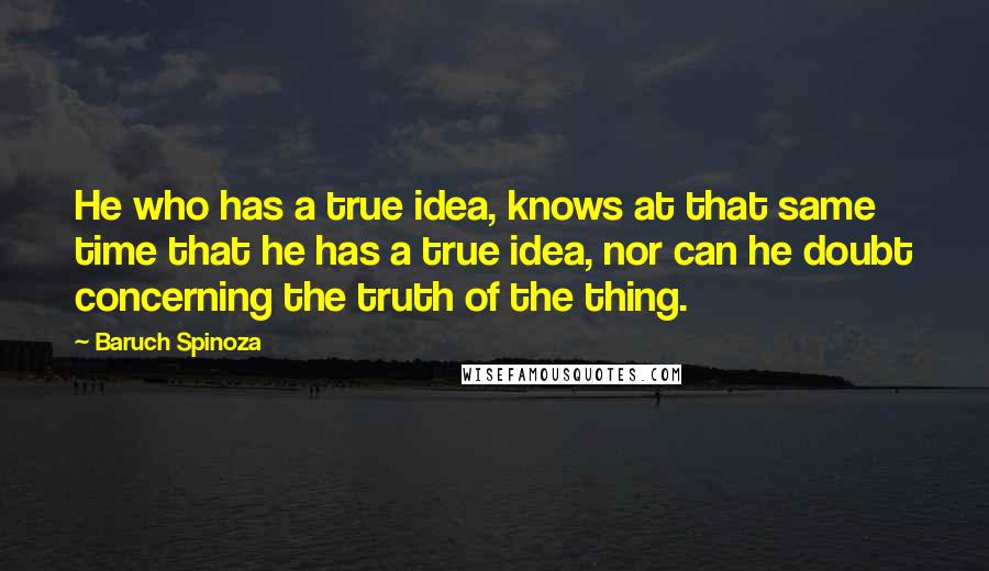 Baruch Spinoza Quotes: He who has a true idea, knows at that same time that he has a true idea, nor can he doubt concerning the truth of the thing.