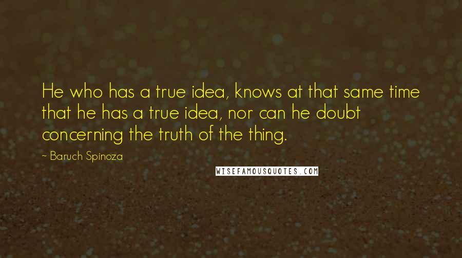 Baruch Spinoza Quotes: He who has a true idea, knows at that same time that he has a true idea, nor can he doubt concerning the truth of the thing.