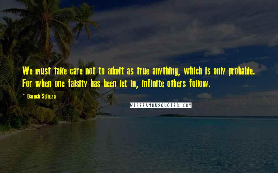 Baruch Spinoza Quotes: We must take care not to admit as true anything, which is only probable. For when one falsity has been let in, infinite others follow.