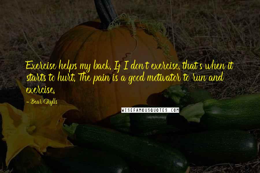 Bear Grylls Quotes: Exercise helps my back. If I don't exercise, that's when it starts to hurt. The pain is a good motivator to run and exercise.