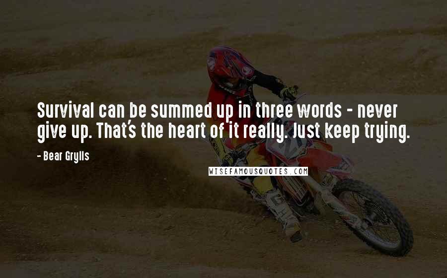 Bear Grylls Quotes: Survival can be summed up in three words - never give up. That's the heart of it really. Just keep trying.