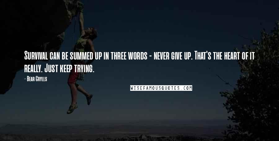 Bear Grylls Quotes: Survival can be summed up in three words - never give up. That's the heart of it really. Just keep trying.