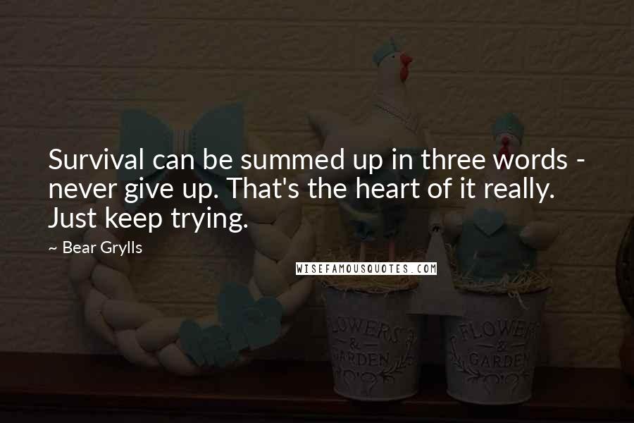 Bear Grylls Quotes: Survival can be summed up in three words - never give up. That's the heart of it really. Just keep trying.