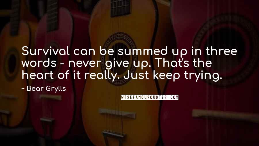 Bear Grylls Quotes: Survival can be summed up in three words - never give up. That's the heart of it really. Just keep trying.