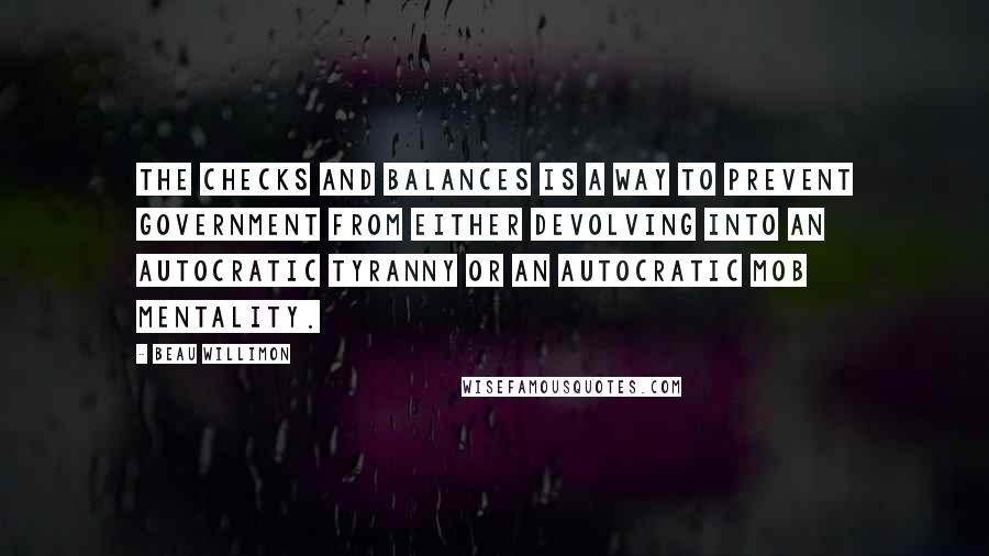 Beau Willimon Quotes: The checks and balances is a way to prevent government from either devolving into an autocratic tyranny or an autocratic mob mentality.