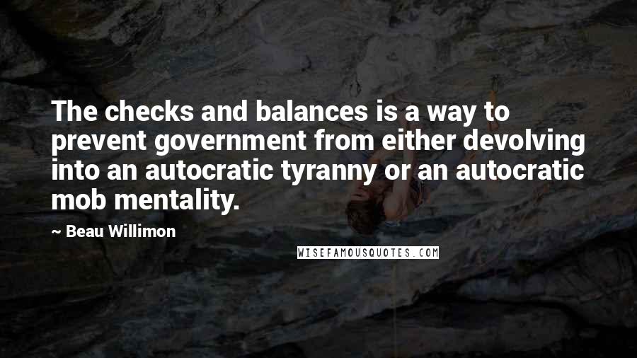 Beau Willimon Quotes: The checks and balances is a way to prevent government from either devolving into an autocratic tyranny or an autocratic mob mentality.