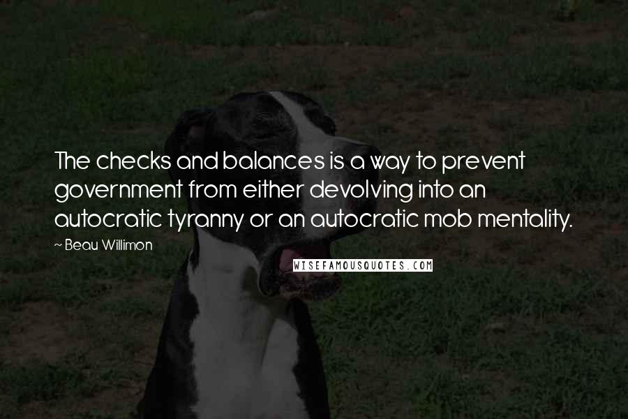 Beau Willimon Quotes: The checks and balances is a way to prevent government from either devolving into an autocratic tyranny or an autocratic mob mentality.