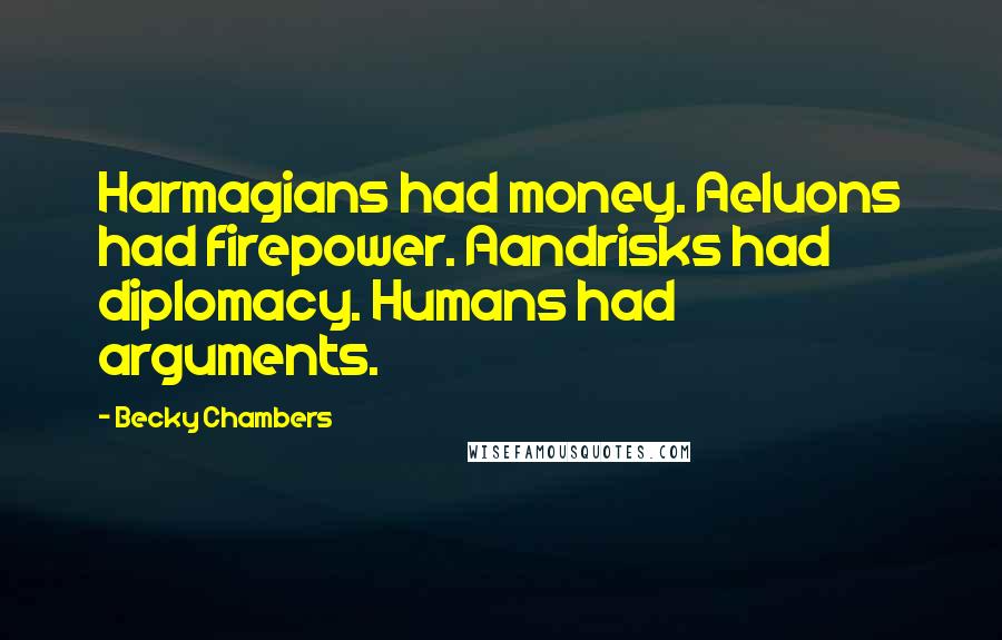 Becky Chambers Quotes: Harmagians had money. Aeluons had firepower. Aandrisks had diplomacy. Humans had arguments.